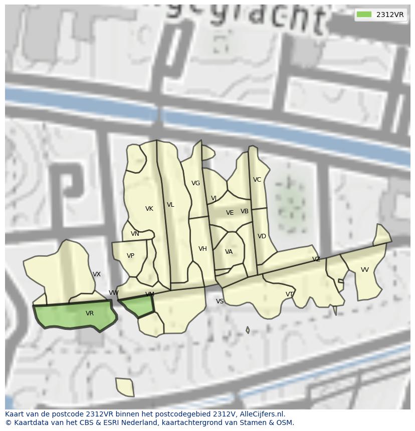 Afbeelding van het postcodegebied 2312 VR op de kaart.
