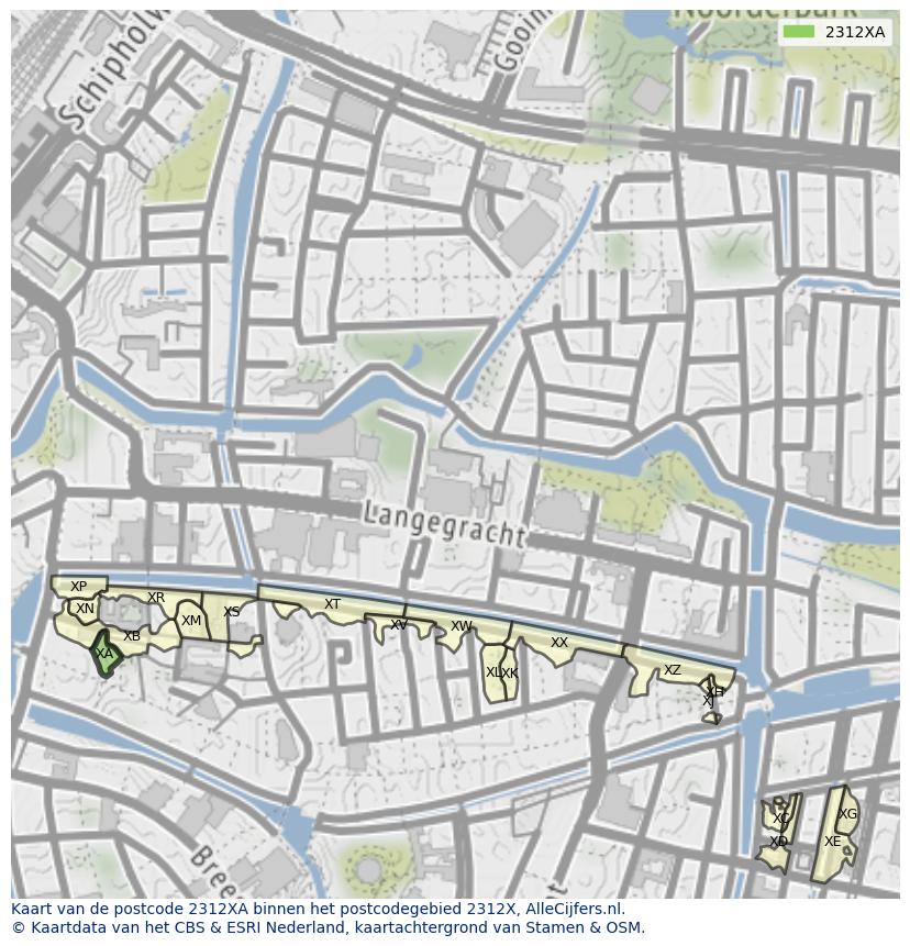 Afbeelding van het postcodegebied 2312 XA op de kaart.
