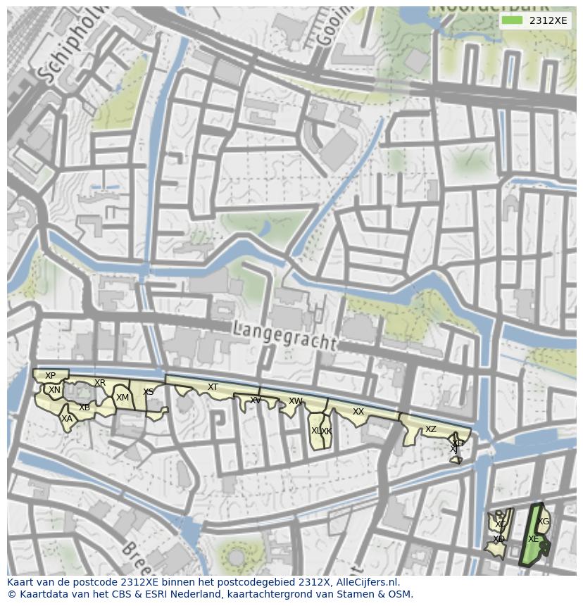 Afbeelding van het postcodegebied 2312 XE op de kaart.