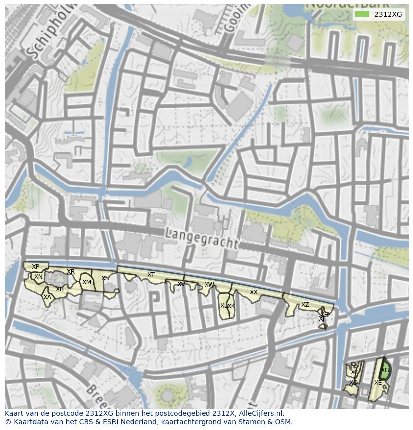 Afbeelding van het postcodegebied 2312 XG op de kaart.