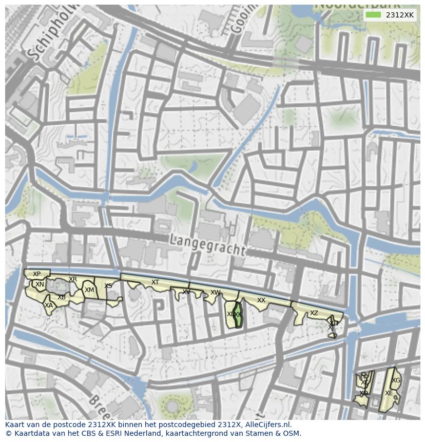 Afbeelding van het postcodegebied 2312 XK op de kaart.