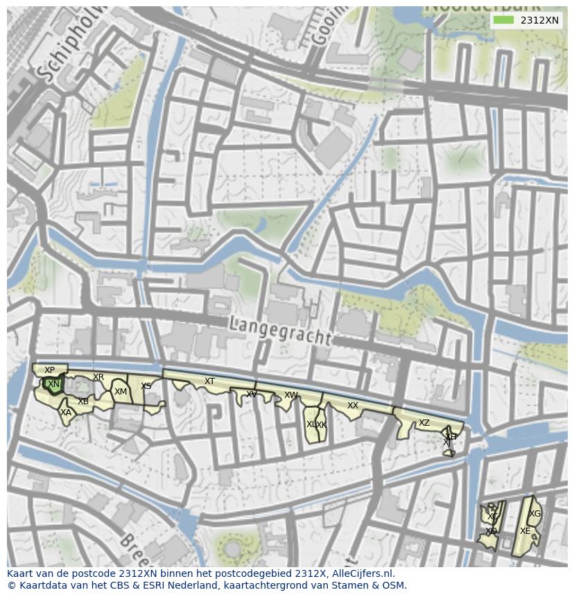 Afbeelding van het postcodegebied 2312 XN op de kaart.
