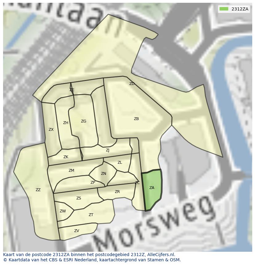 Afbeelding van het postcodegebied 2312 ZA op de kaart.