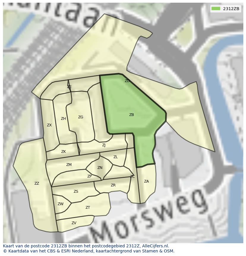 Afbeelding van het postcodegebied 2312 ZB op de kaart.