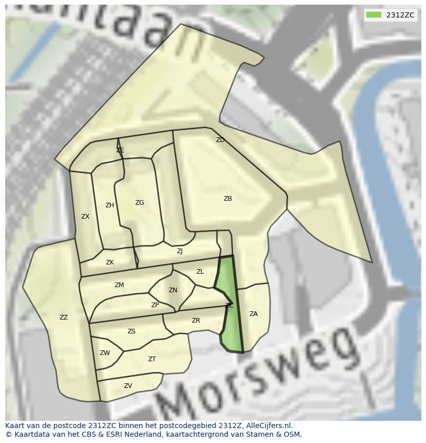 Afbeelding van het postcodegebied 2312 ZC op de kaart.