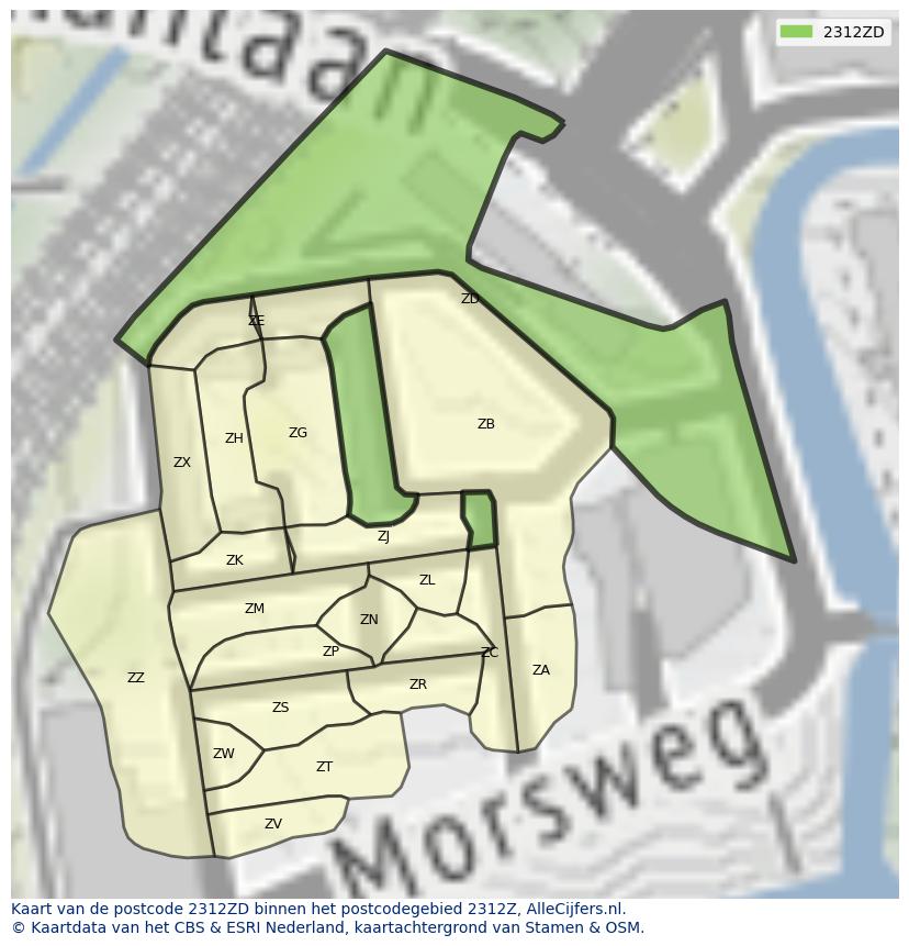 Afbeelding van het postcodegebied 2312 ZD op de kaart.