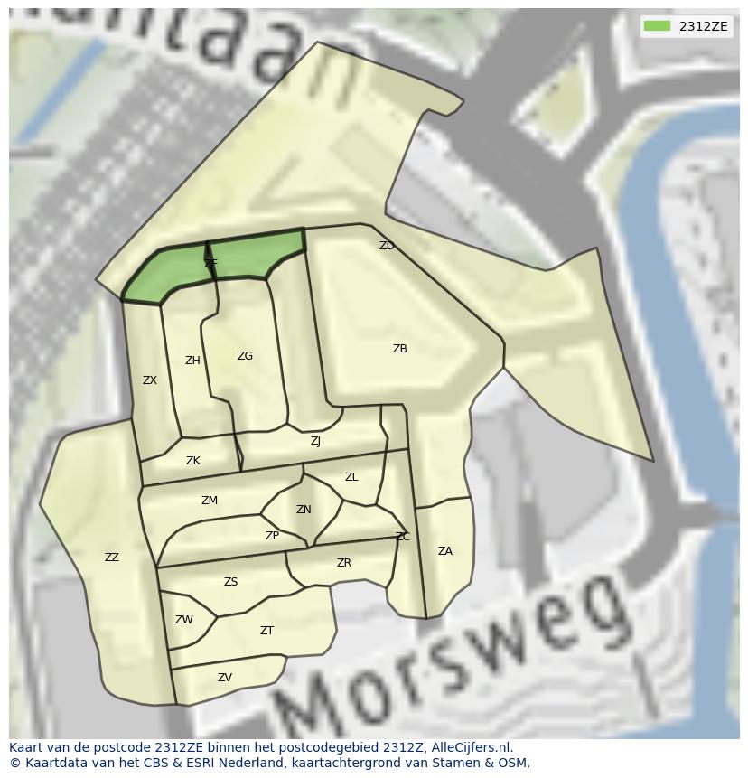 Afbeelding van het postcodegebied 2312 ZE op de kaart.