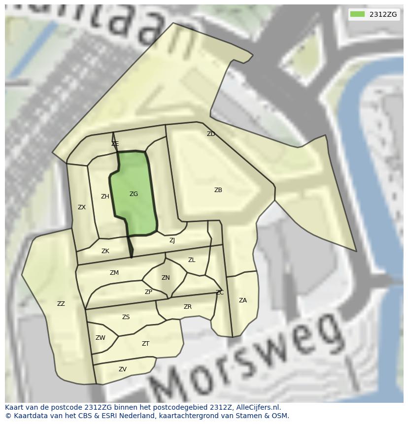 Afbeelding van het postcodegebied 2312 ZG op de kaart.