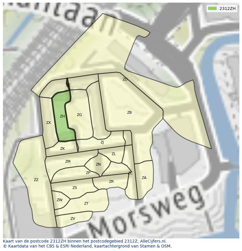 Afbeelding van het postcodegebied 2312 ZH op de kaart.