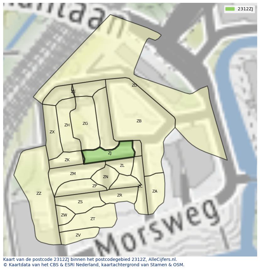Afbeelding van het postcodegebied 2312 ZJ op de kaart.