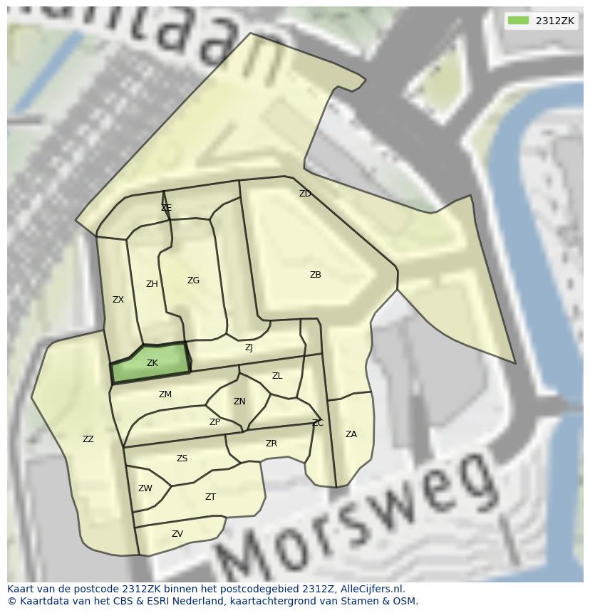Afbeelding van het postcodegebied 2312 ZK op de kaart.