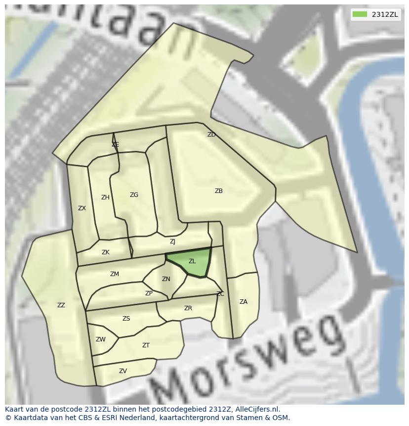 Afbeelding van het postcodegebied 2312 ZL op de kaart.