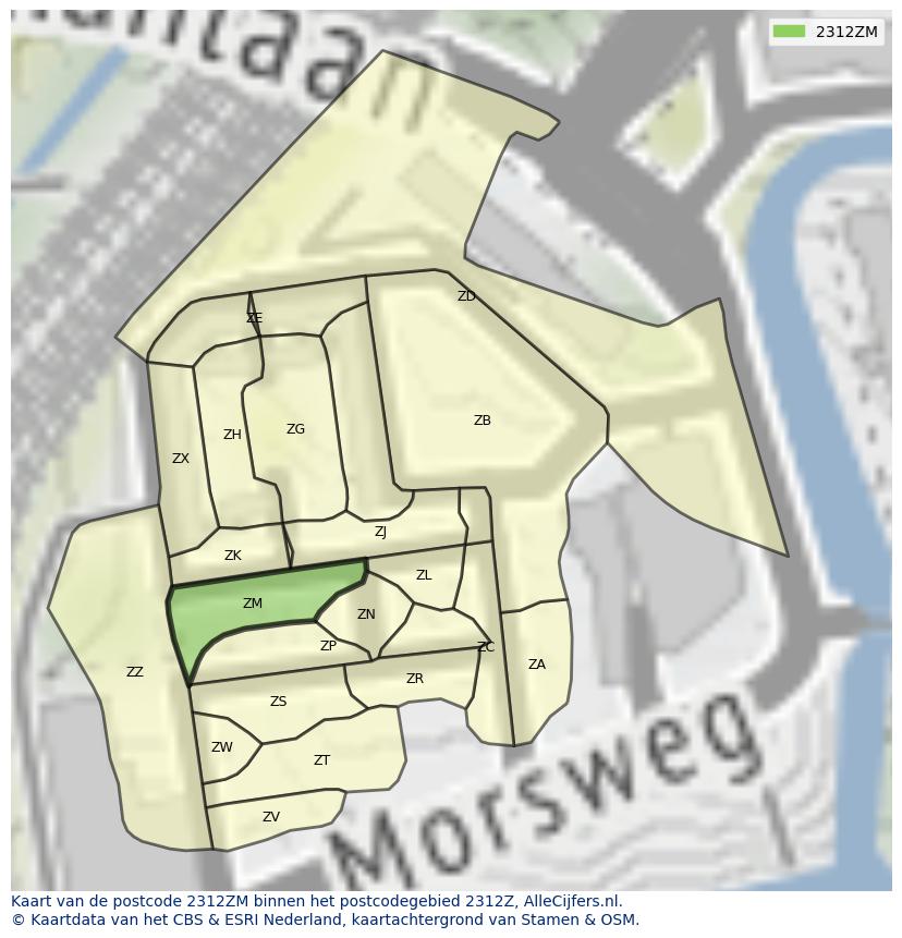 Afbeelding van het postcodegebied 2312 ZM op de kaart.