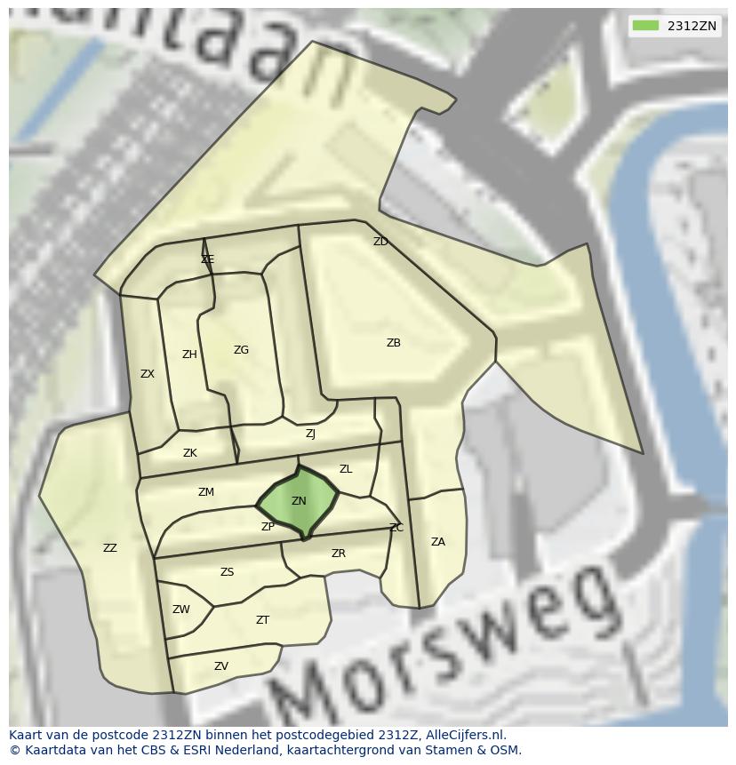 Afbeelding van het postcodegebied 2312 ZN op de kaart.