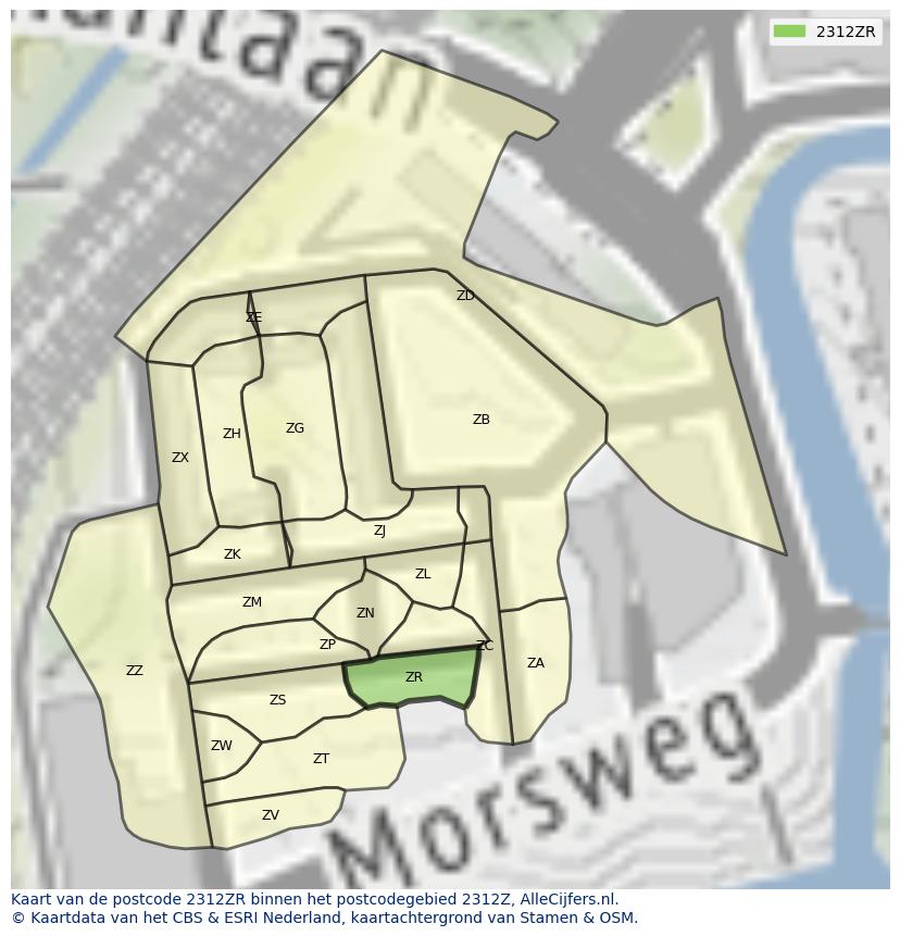 Afbeelding van het postcodegebied 2312 ZR op de kaart.