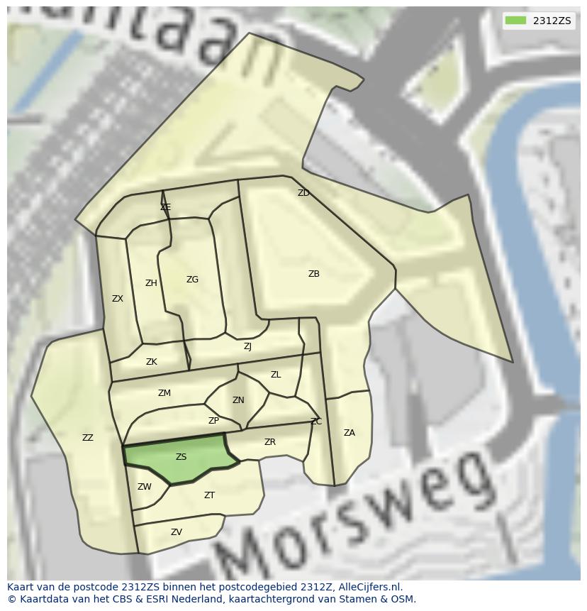 Afbeelding van het postcodegebied 2312 ZS op de kaart.