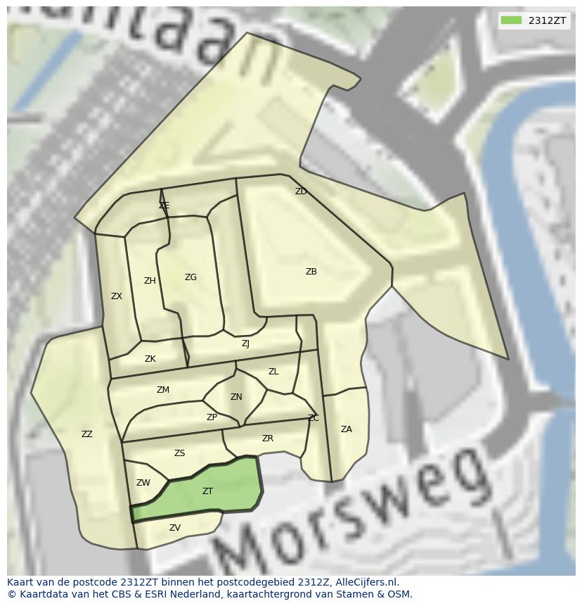 Afbeelding van het postcodegebied 2312 ZT op de kaart.