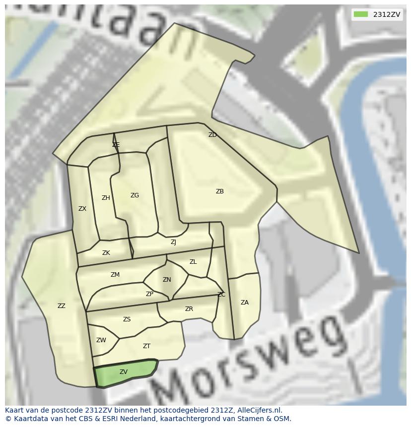 Afbeelding van het postcodegebied 2312 ZV op de kaart.