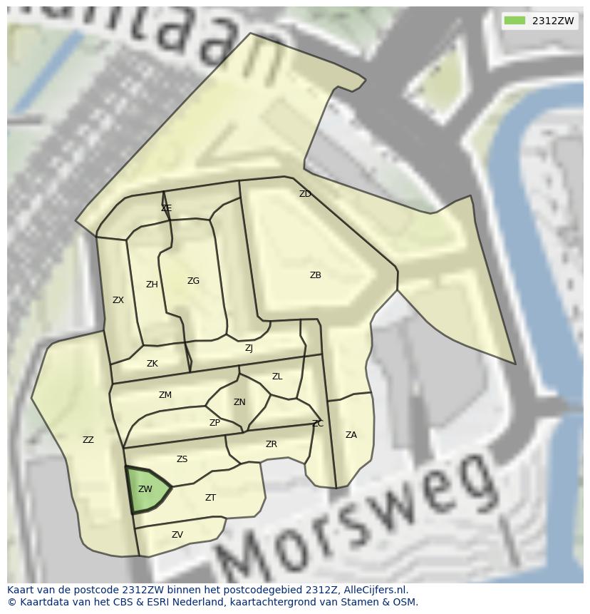 Afbeelding van het postcodegebied 2312 ZW op de kaart.