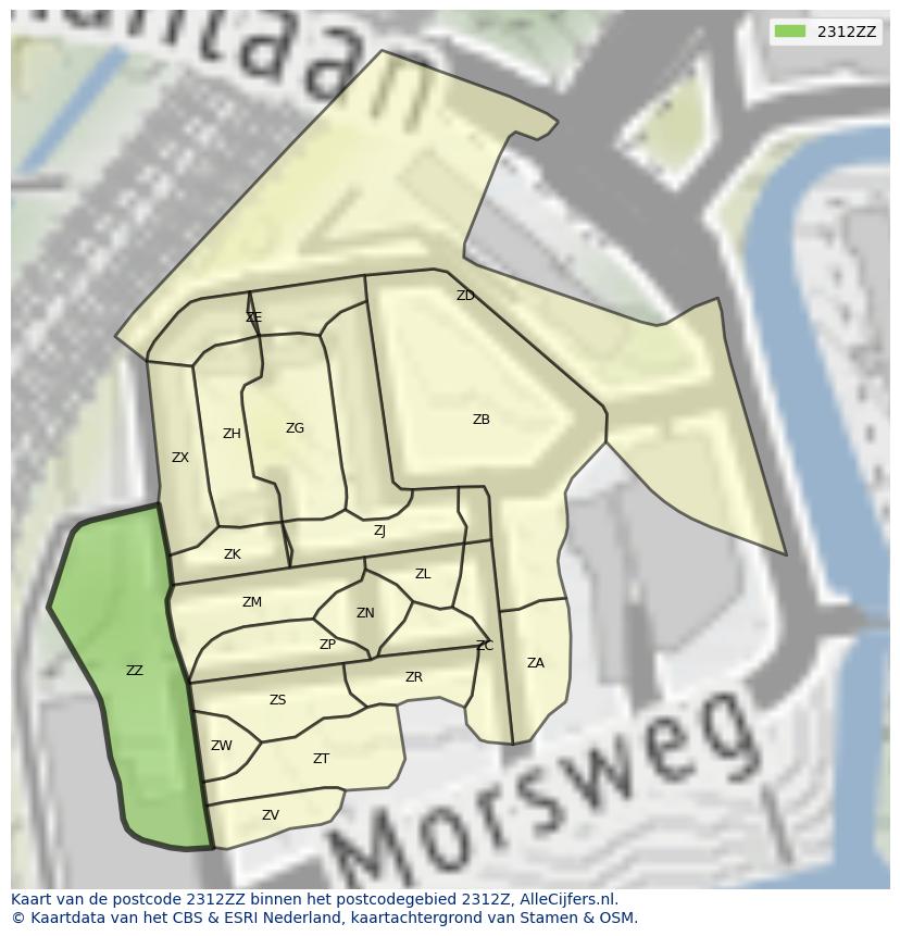 Afbeelding van het postcodegebied 2312 ZZ op de kaart.