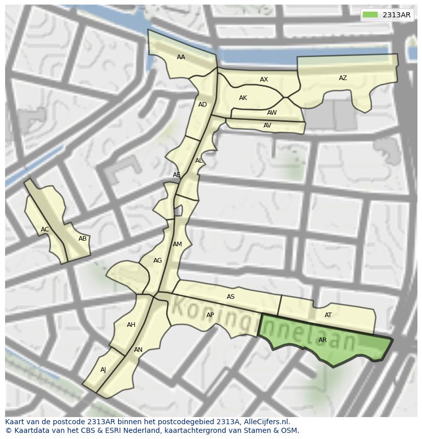 Afbeelding van het postcodegebied 2313 AR op de kaart.