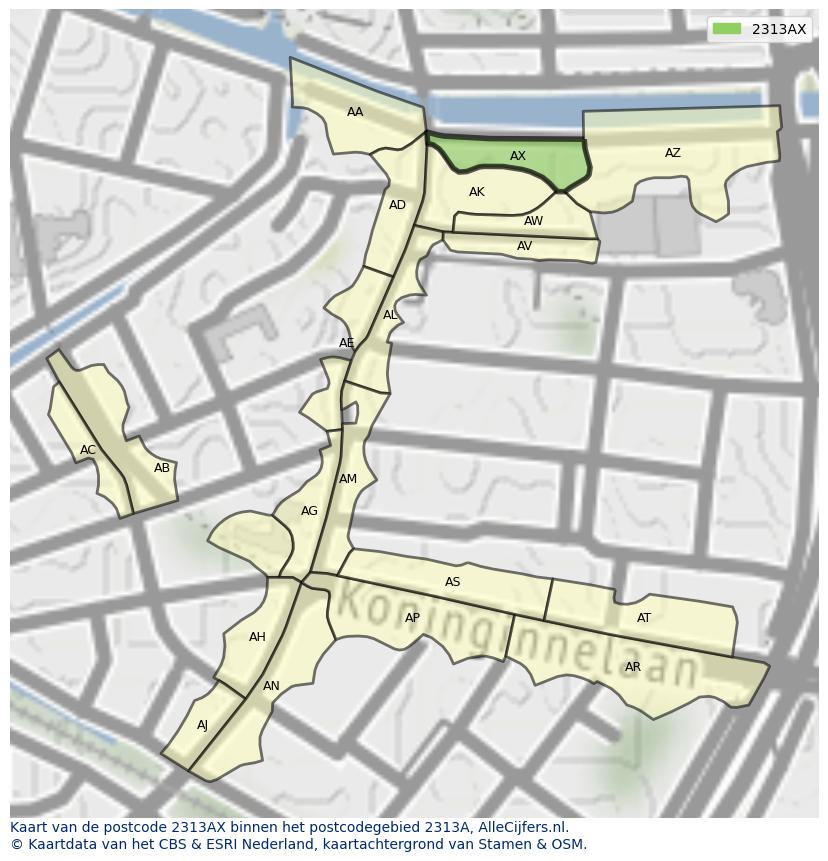 Afbeelding van het postcodegebied 2313 AX op de kaart.