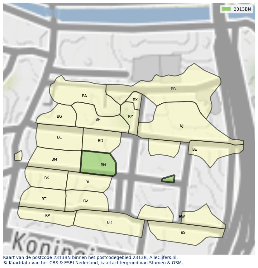 Afbeelding van het postcodegebied 2313 BN op de kaart.