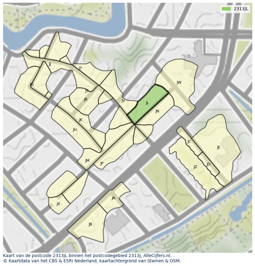 Afbeelding van het postcodegebied 2313 JL op de kaart.