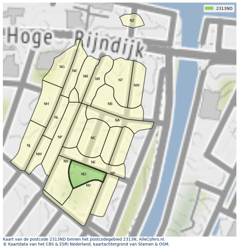 Afbeelding van het postcodegebied 2313 ND op de kaart.