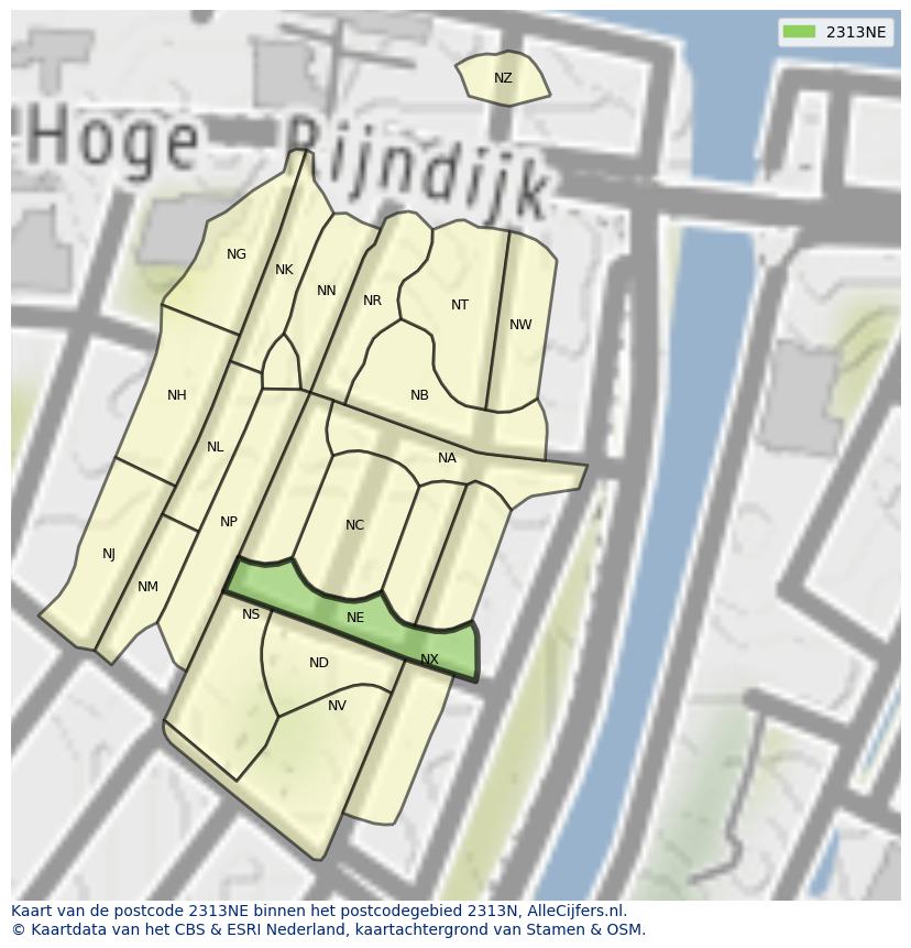 Afbeelding van het postcodegebied 2313 NE op de kaart.