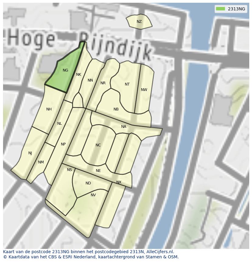 Afbeelding van het postcodegebied 2313 NG op de kaart.
