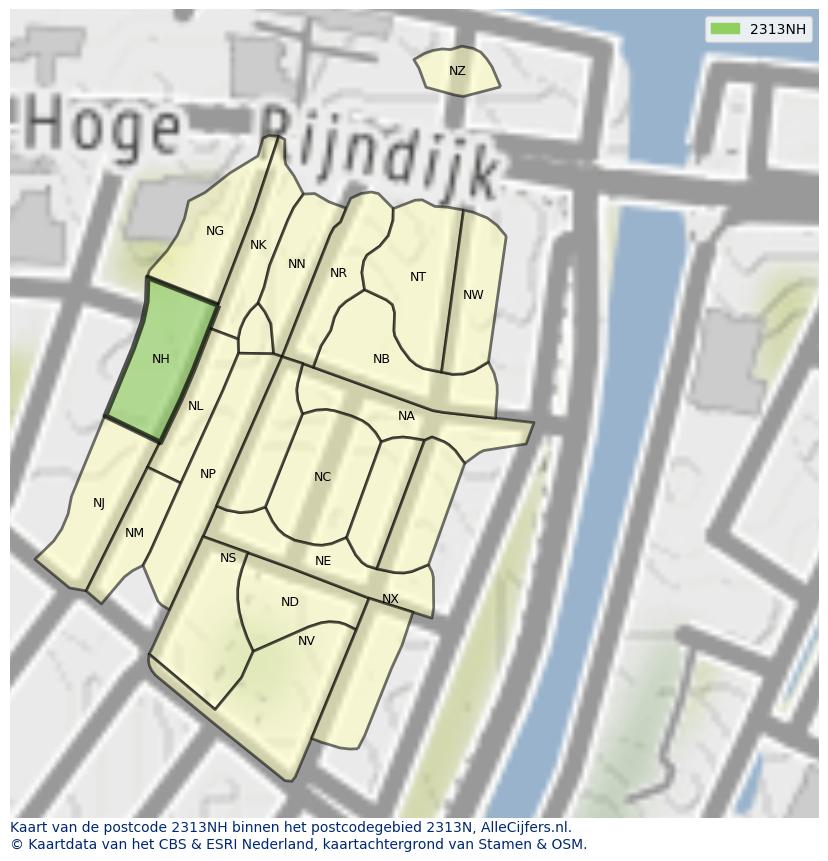 Afbeelding van het postcodegebied 2313 NH op de kaart.