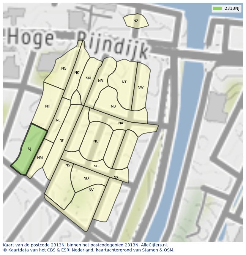 Afbeelding van het postcodegebied 2313 NJ op de kaart.