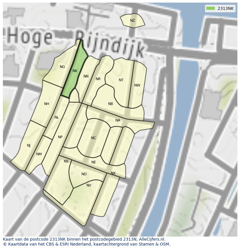 Afbeelding van het postcodegebied 2313 NK op de kaart.