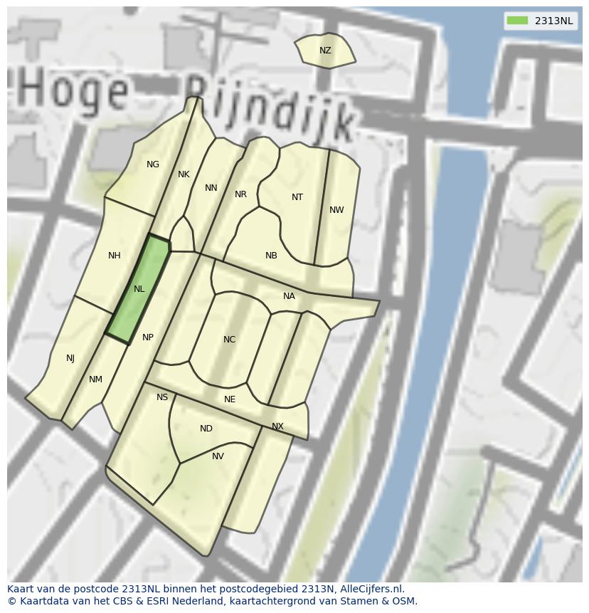 Afbeelding van het postcodegebied 2313 NL op de kaart.
