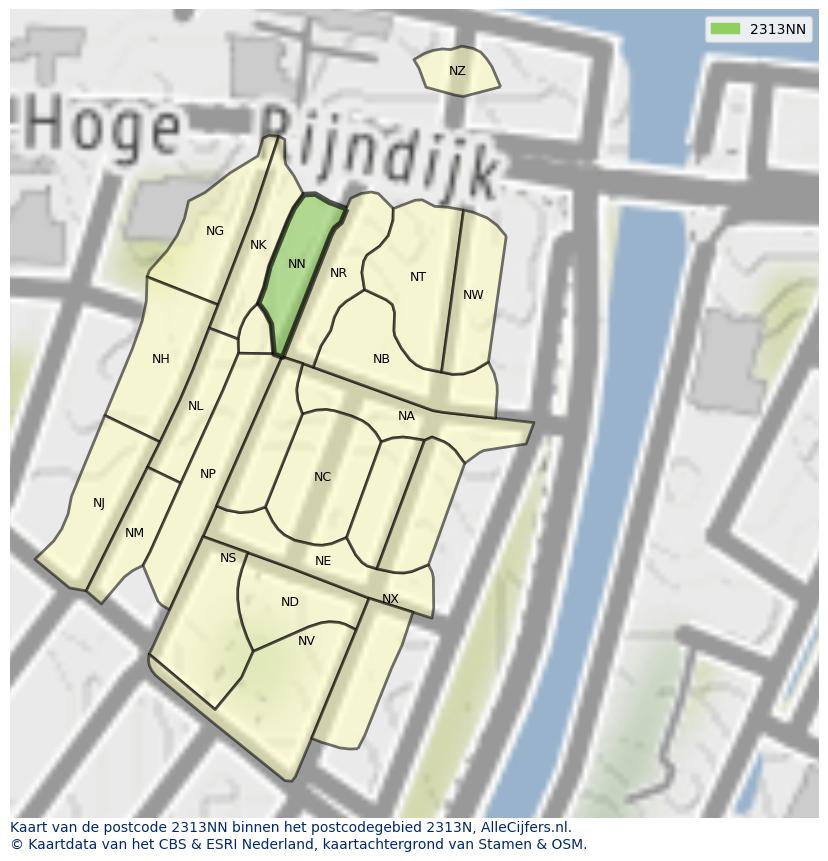 Afbeelding van het postcodegebied 2313 NN op de kaart.
