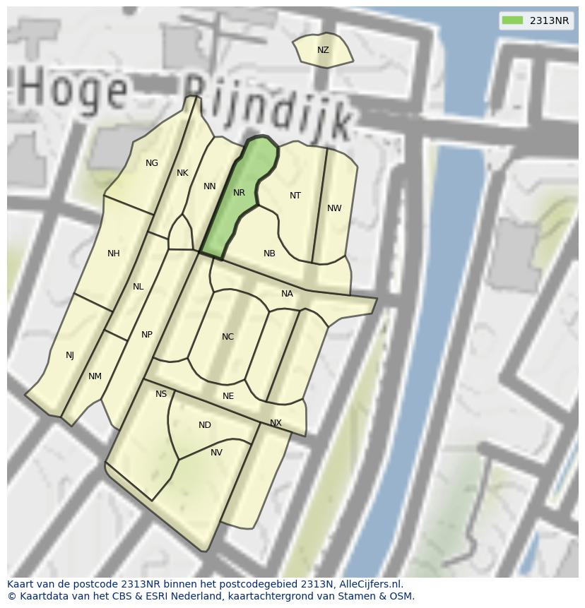 Afbeelding van het postcodegebied 2313 NR op de kaart.