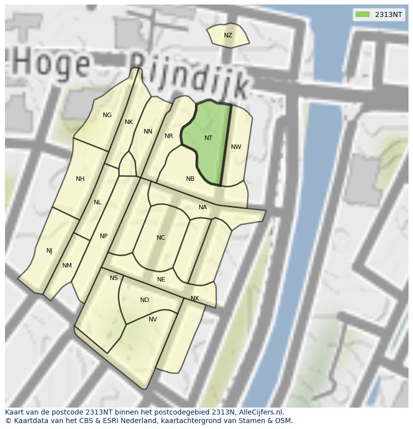 Afbeelding van het postcodegebied 2313 NT op de kaart.