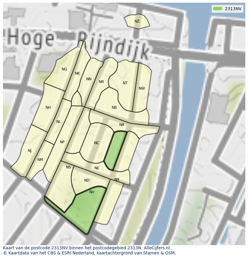 Afbeelding van het postcodegebied 2313 NV op de kaart.