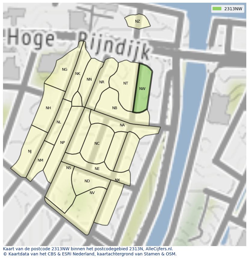 Afbeelding van het postcodegebied 2313 NW op de kaart.