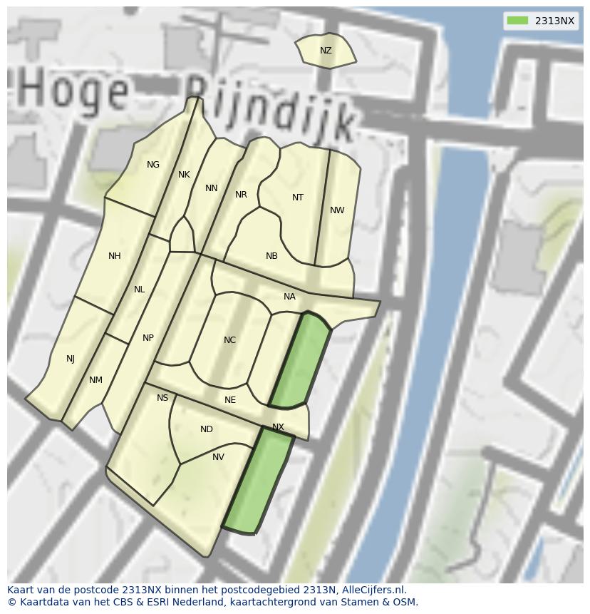 Afbeelding van het postcodegebied 2313 NX op de kaart.