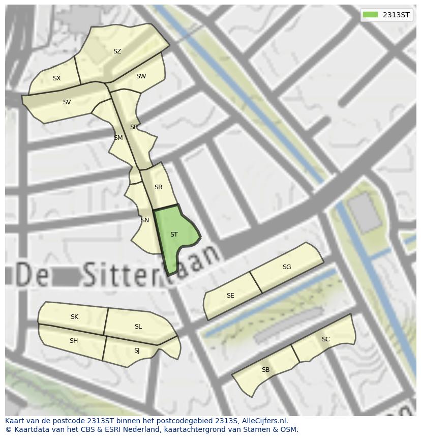 Afbeelding van het postcodegebied 2313 ST op de kaart.