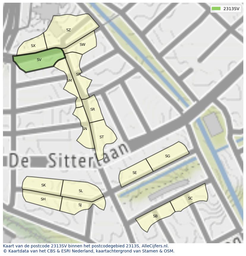Afbeelding van het postcodegebied 2313 SV op de kaart.