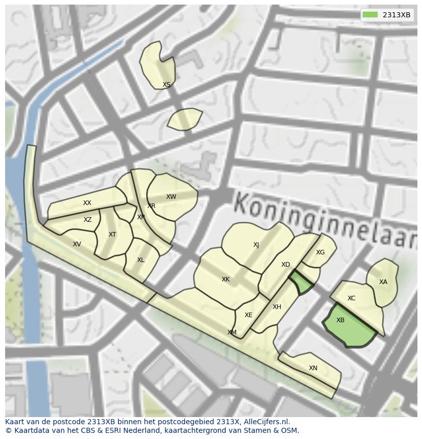 Afbeelding van het postcodegebied 2313 XB op de kaart.
