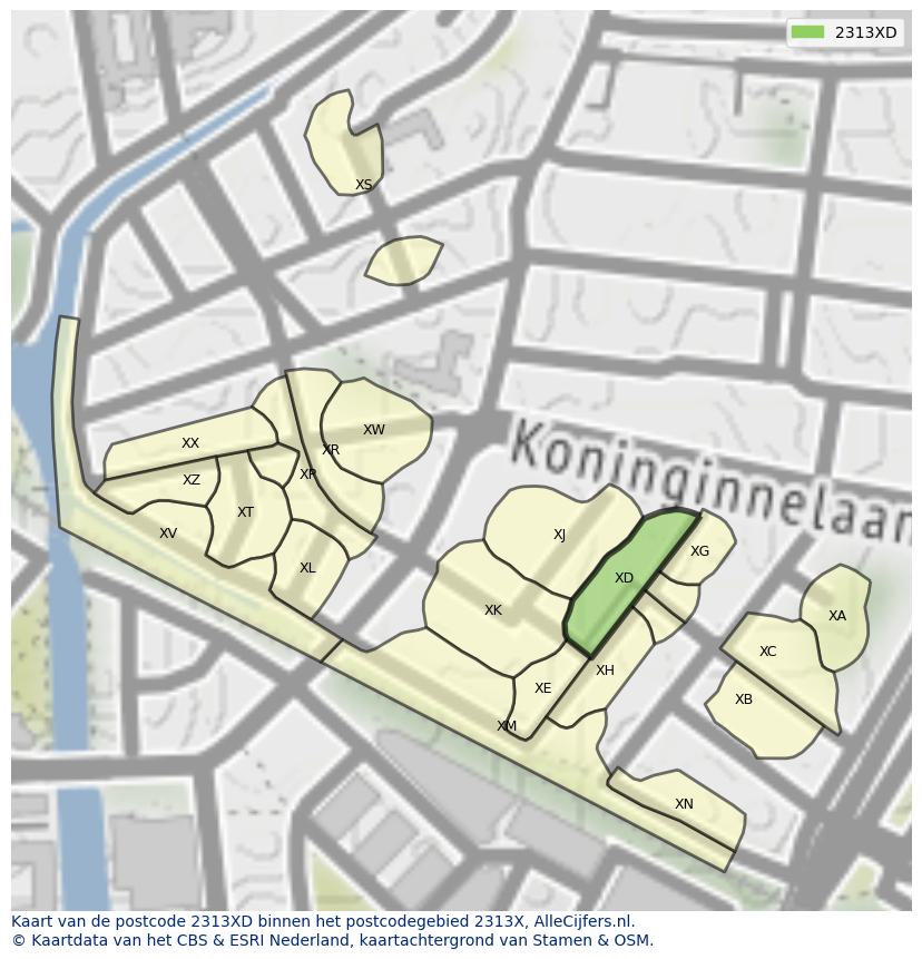 Afbeelding van het postcodegebied 2313 XD op de kaart.