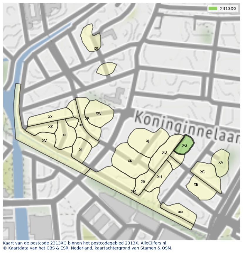 Afbeelding van het postcodegebied 2313 XG op de kaart.