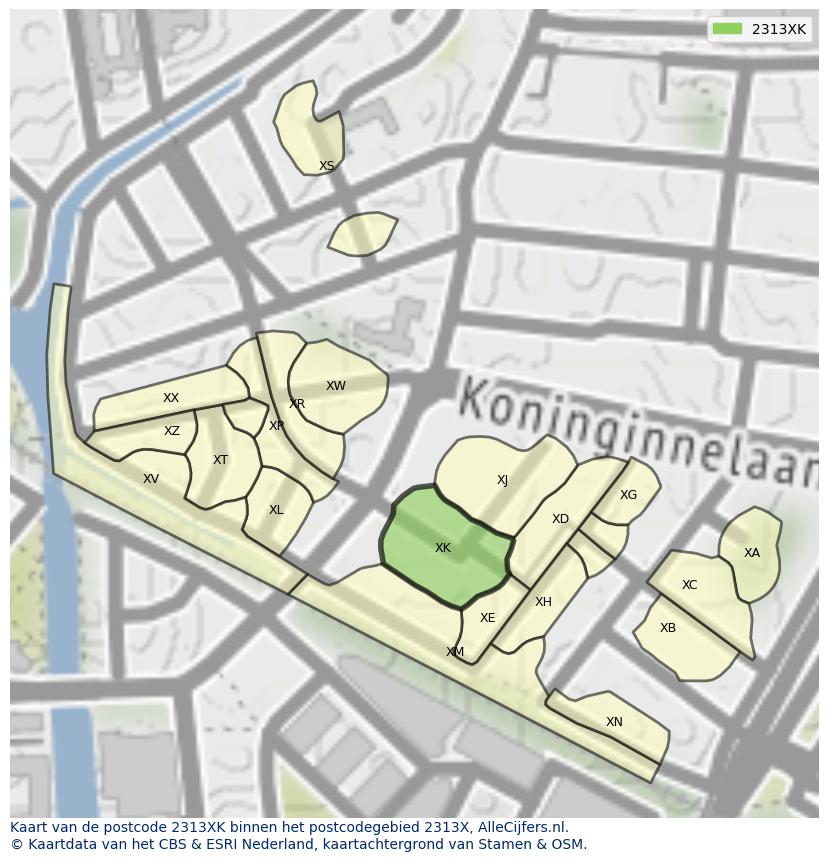 Afbeelding van het postcodegebied 2313 XK op de kaart.