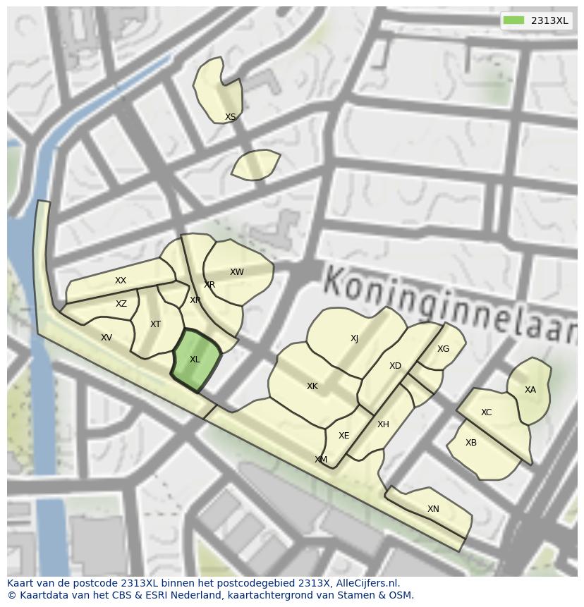 Afbeelding van het postcodegebied 2313 XL op de kaart.