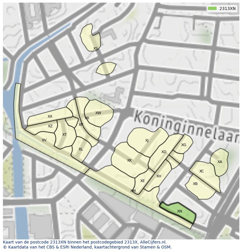 Afbeelding van het postcodegebied 2313 XN op de kaart.