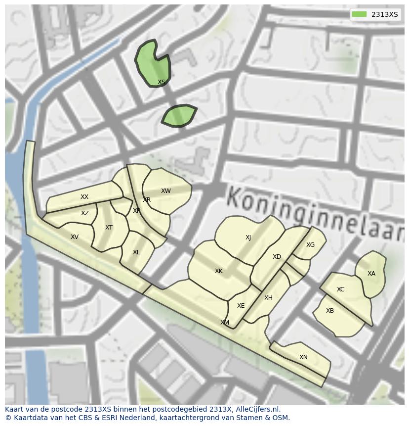 Afbeelding van het postcodegebied 2313 XS op de kaart.
